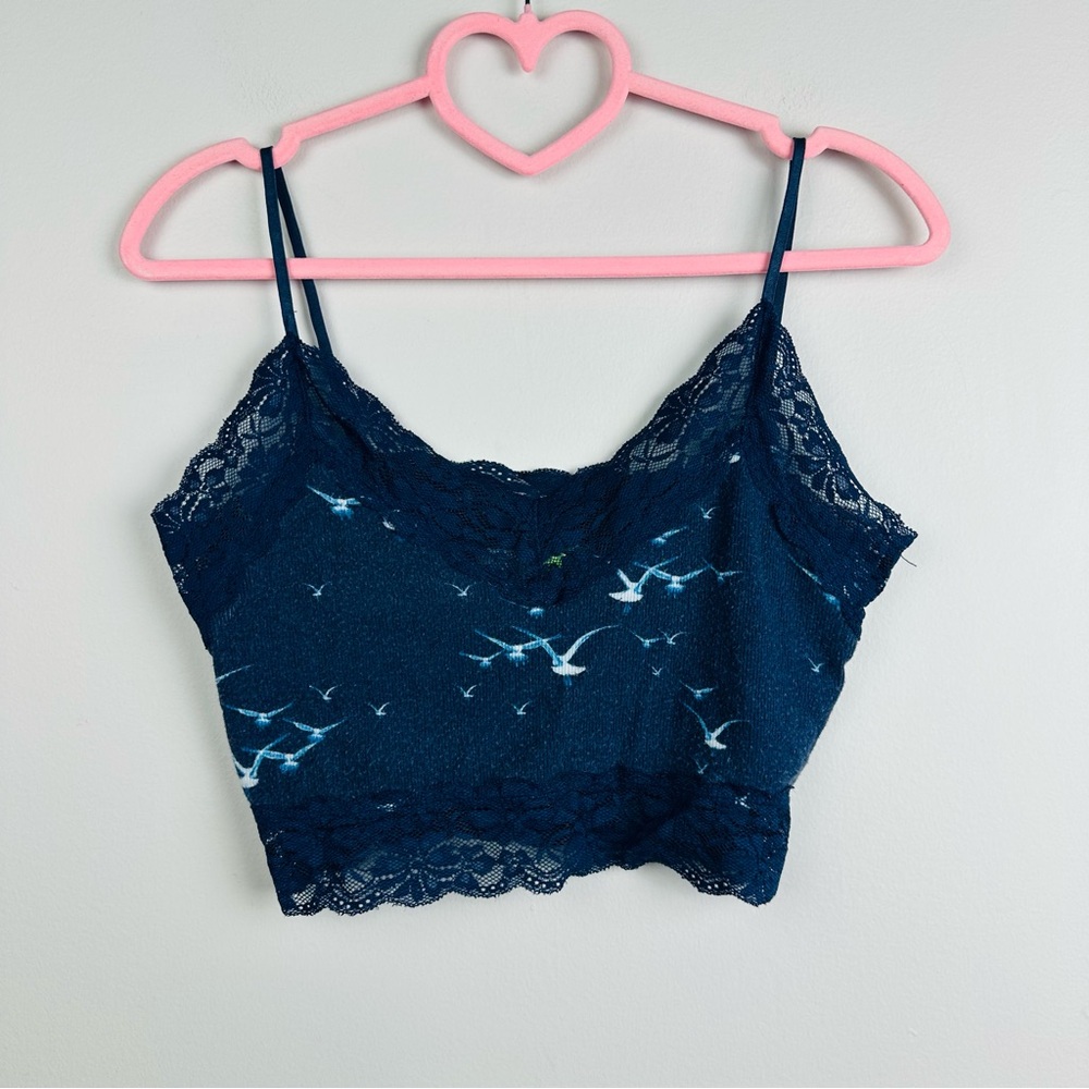 FARM Rio Blue Lace Crop Camisole with Bird Print Size Small